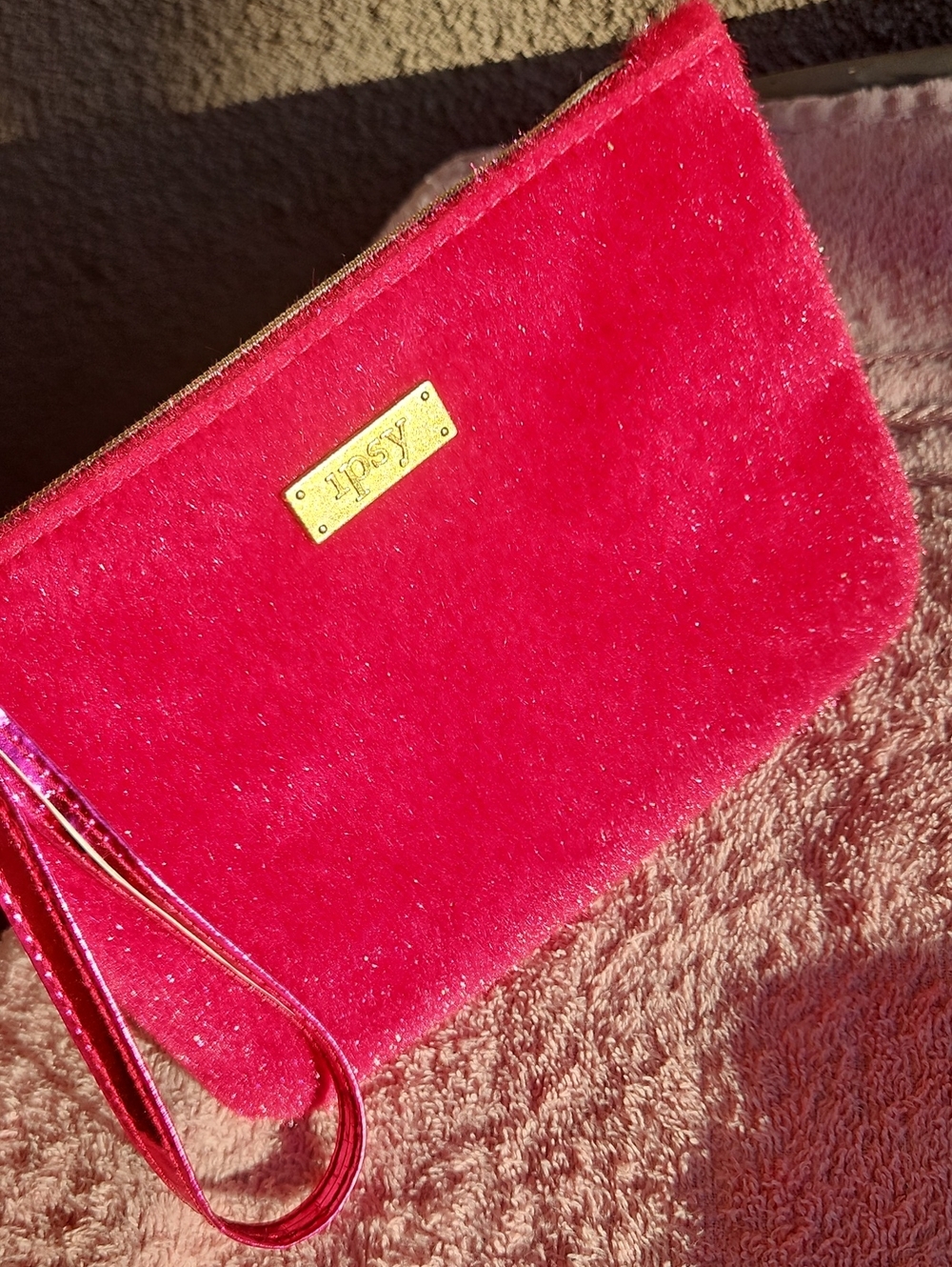 ipsy Bright Pink Velvet Wristlet Clutch with Gold Plaque